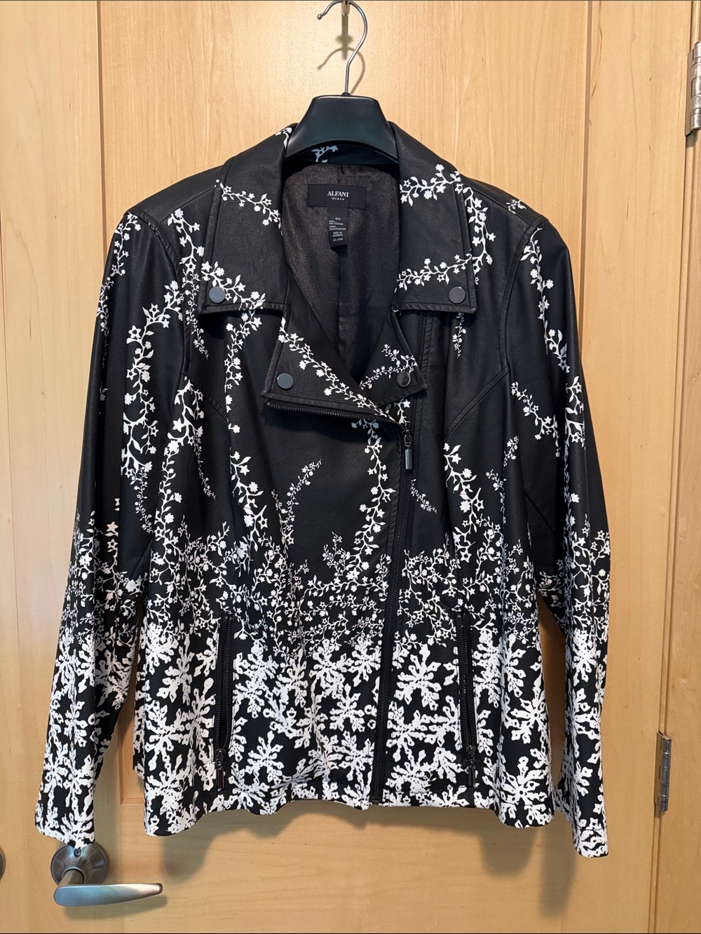 Alfani Black Faux-Leather Bomber Jacket with White Floral Motif